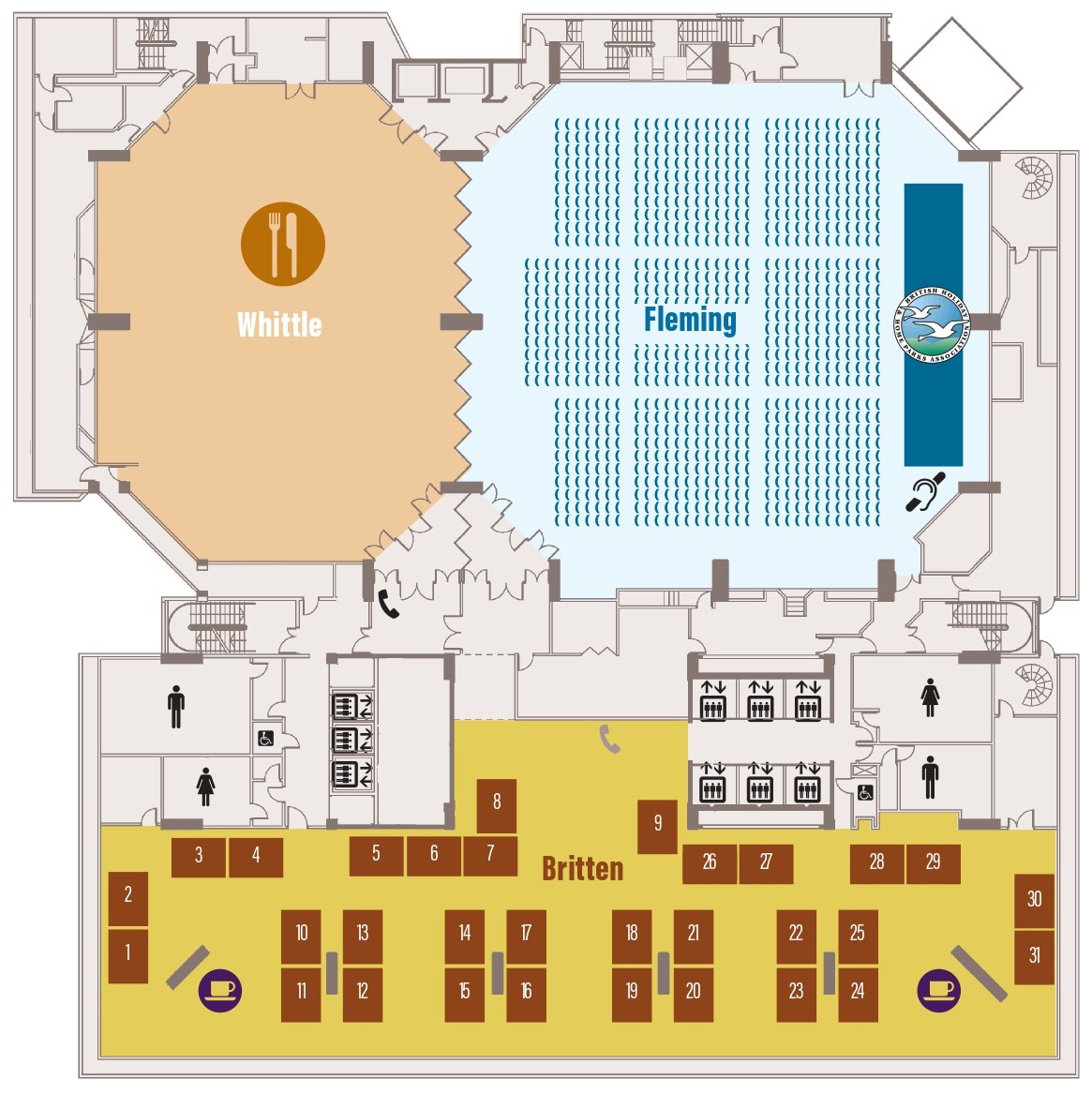 Floor plan showing positions of exhibition stands in Britten, with catering in the Whittle and conference in the Fleming. There is an induction loop in the Fleming.